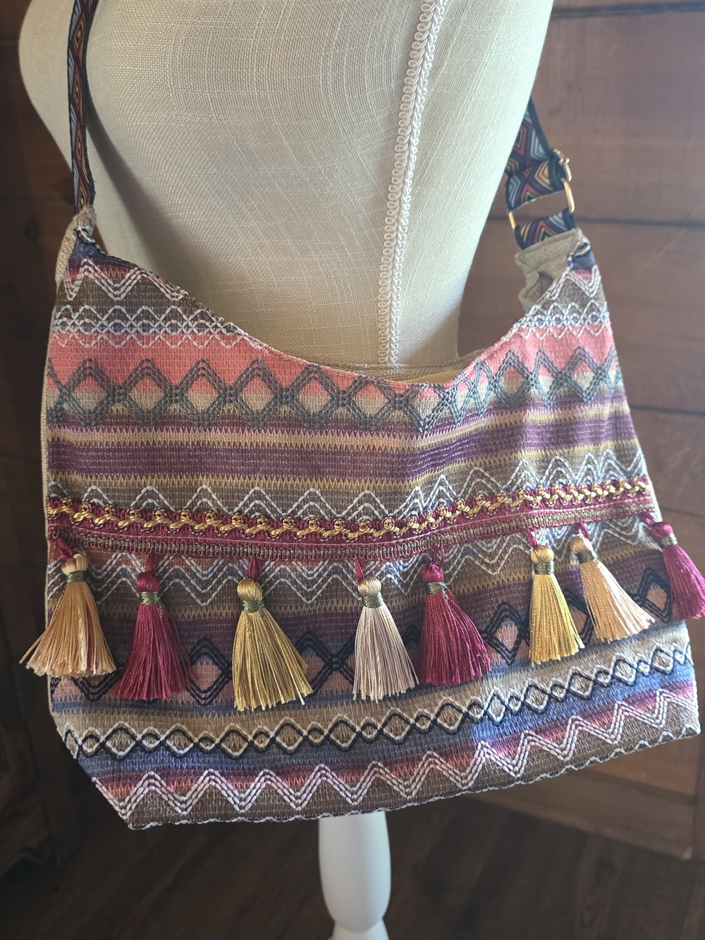 Bohemian Tassel Accent Woven Shoulder Bag in Multi-Color